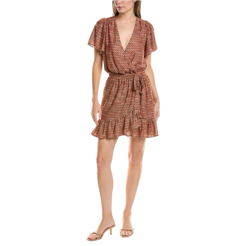 RAMY BROOK Sanna Mini Dress Ruffle Tie Chevron Orange Brown Multi Size XS